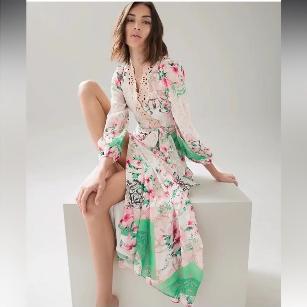 White House Black Market Drama Sleeve Floral Maxi Dress Hibiscus Scroll Sz 8 NEW